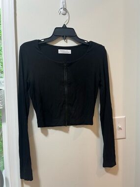 Parallel Apparel Cropped Ribbed Black Long Sleeve Athlesiure Cardigan Sweater